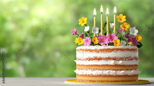 Beautiful floral birthday cake with candles and fresh flowers on top, perfect for celebrations and special occasions