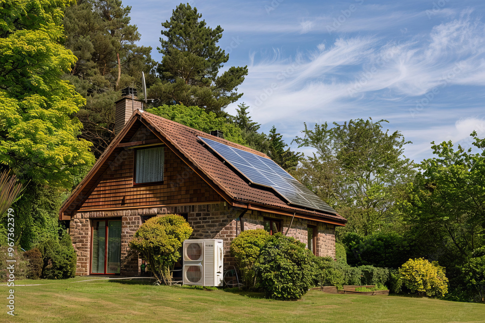 House with solar panels and heat pump system. Modern approach to economic and ecological efficiency. House with solar panels and heat pump system. Modern approach to economic and ecological efficiency.