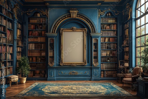 scholarly sanctuary ornate vintage library with towering bookshelves and antique furnishings empty gilded frame prominently displayed for customization photo