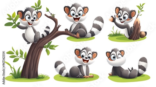 A fun assortment of cartoon lemurs in tree-climbing and lounging poses, great for jungle and Madagascar-themed projects. 