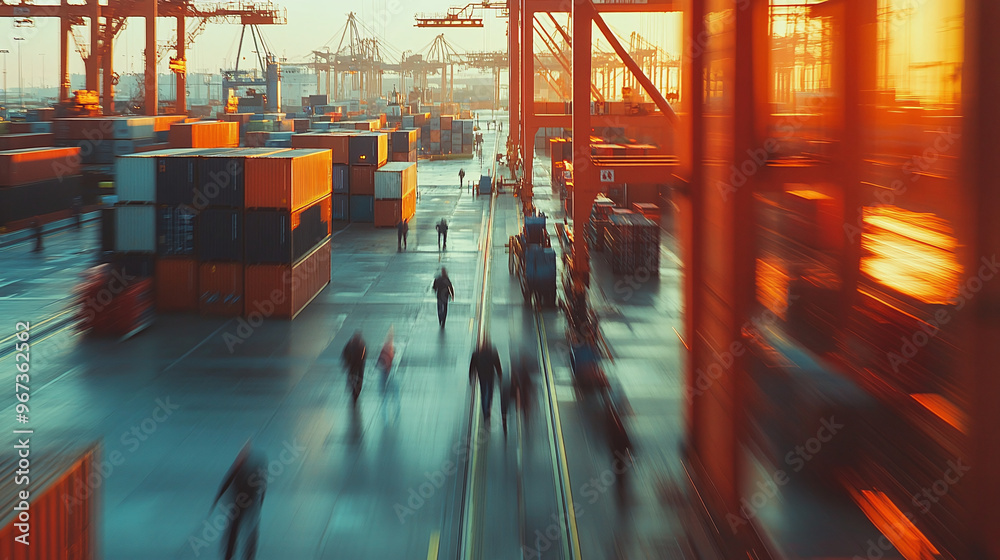 Fototapeta premium Logistics workers bustling about in a large international shipping port with many containers. Ai generate.