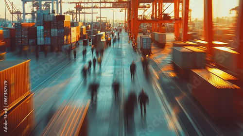 Logistics workers bustling about in a large international shipping port with many containers. Ai generate.