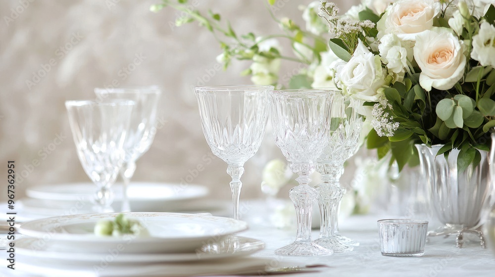 Elegant Table Setting with Crystal Glasses and White Flowers Elegant Table Setting with Crystal Glasses and White Flowers