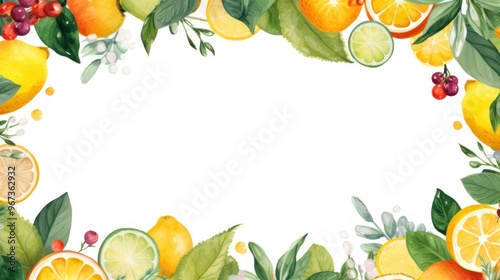 Vibrant Watercolor Fruit and Foliage Frame Background. Citrus and Tropical Leaves Border