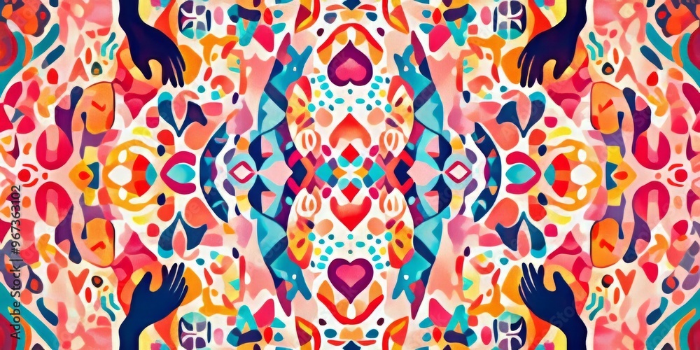 A cosmic symphony of abstract shapes and patterns with overlapping hands, hearts, and peace signs, celebrating unity and harmony