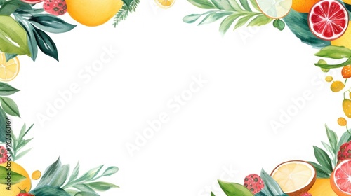 Vibrant Watercolor Fruit and Foliage Frame Background. Citrus and Tropical Leaves Border