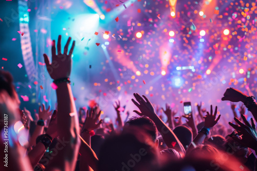 A concert with a large audience, a bright stage with spotlights and falling confetti.