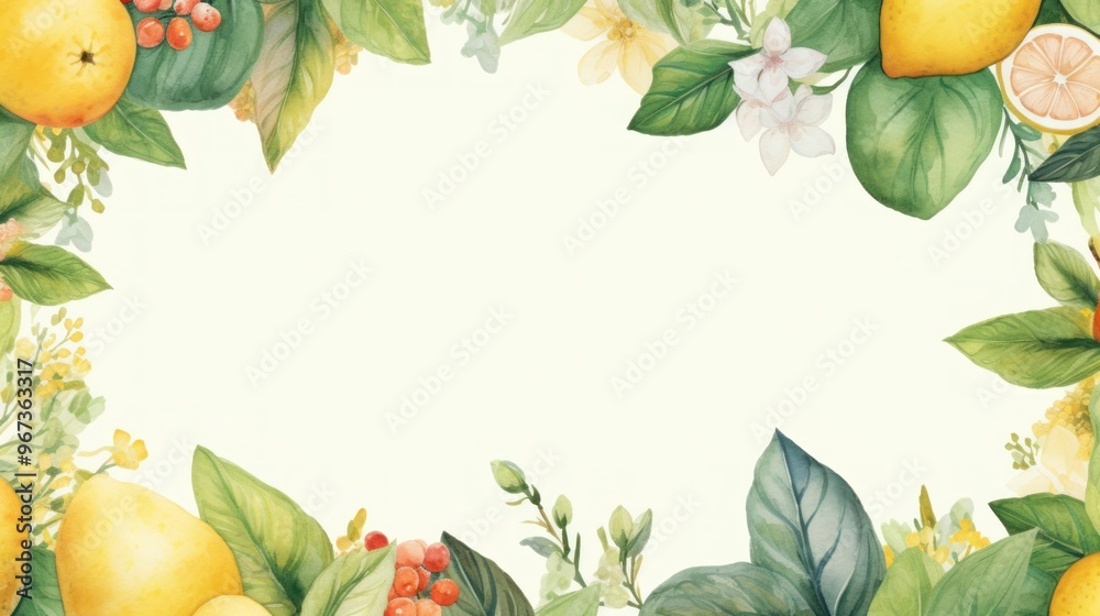 Fototapeta premium Vibrant Watercolor Fruit and Foliage Frame Background. Citrus and Tropical Leaves Border