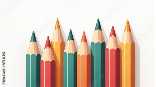 Colorful Illustration of Sharpened Pencils with Shadows for Creative Projects and Educational Use