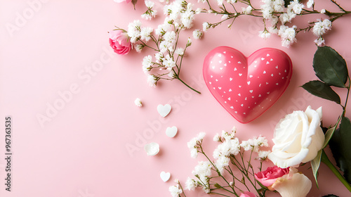 Beautiful red Heart Shaped Blooming white Flowers , red roses and red heart on pink background , Heart made of flowers on pink background ,pink flowers and hearts on pink background