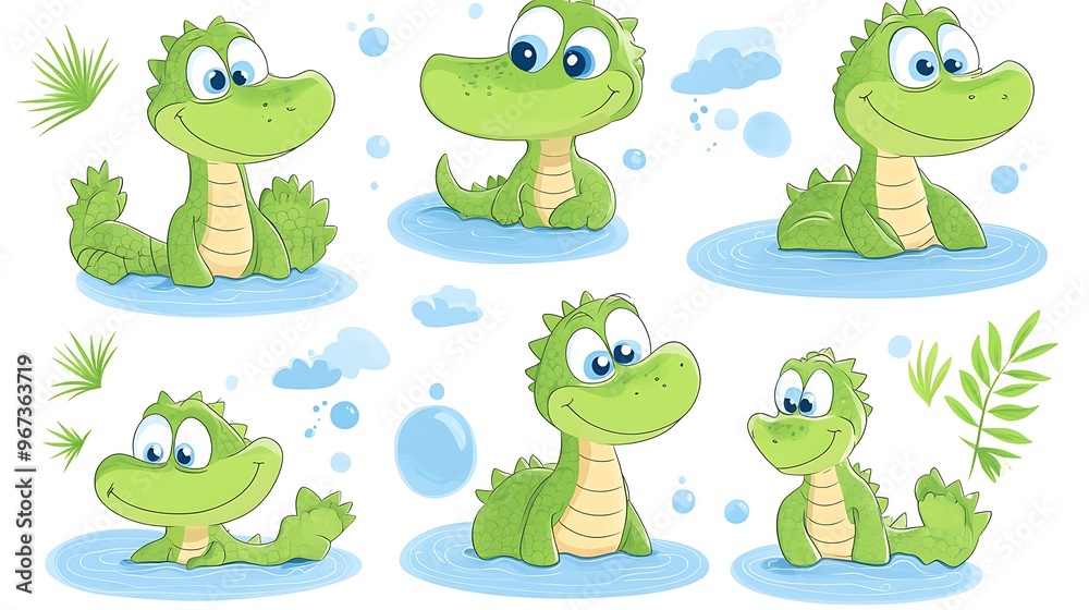 A fun variety of cartoon crocodiles in playful swimming and lounging poses, great for swamp and river-themed designs. A fun variety of cartoon crocodiles in playful swimming and lounging poses, great for swamp and river-themed designs.