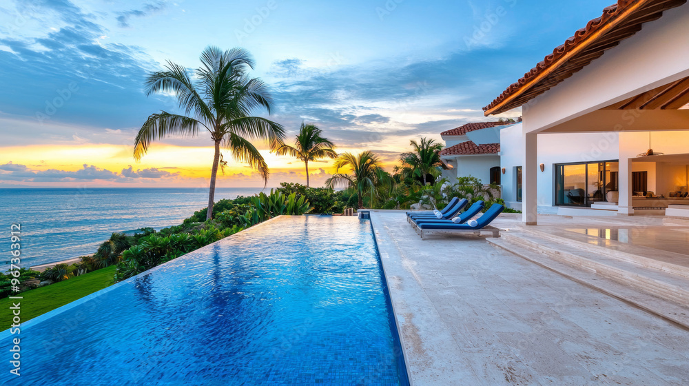Fototapeta premium Beautiful villa with infinity pool and tropical trees overlooking the ocean at sunset