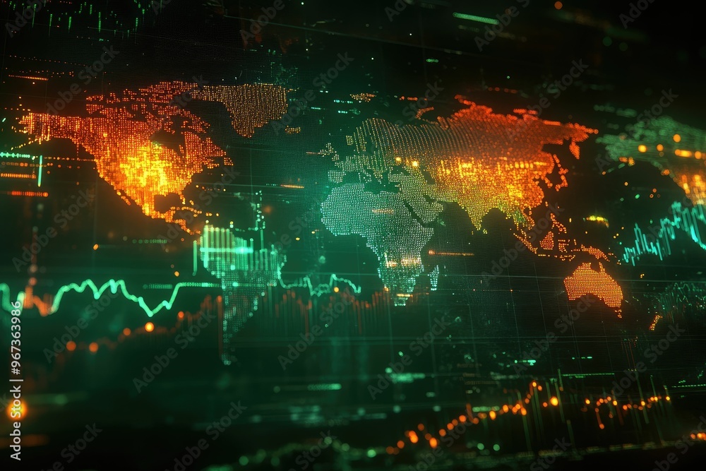 Obraz premium Digital world map with data visualizations and glowing effects.