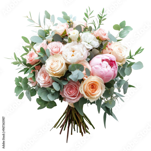 A beautiful bouquet of pastel flowers arranged with greenery.