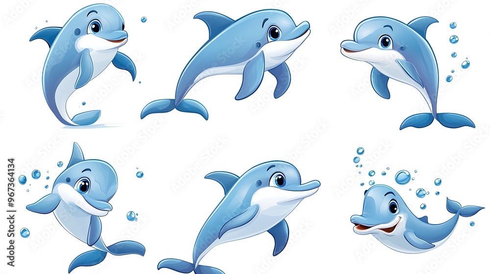 A joyful set of cartoon dolphins in mid-jump and playful swimming poses, ideal for ocean-themed illustrations. 
