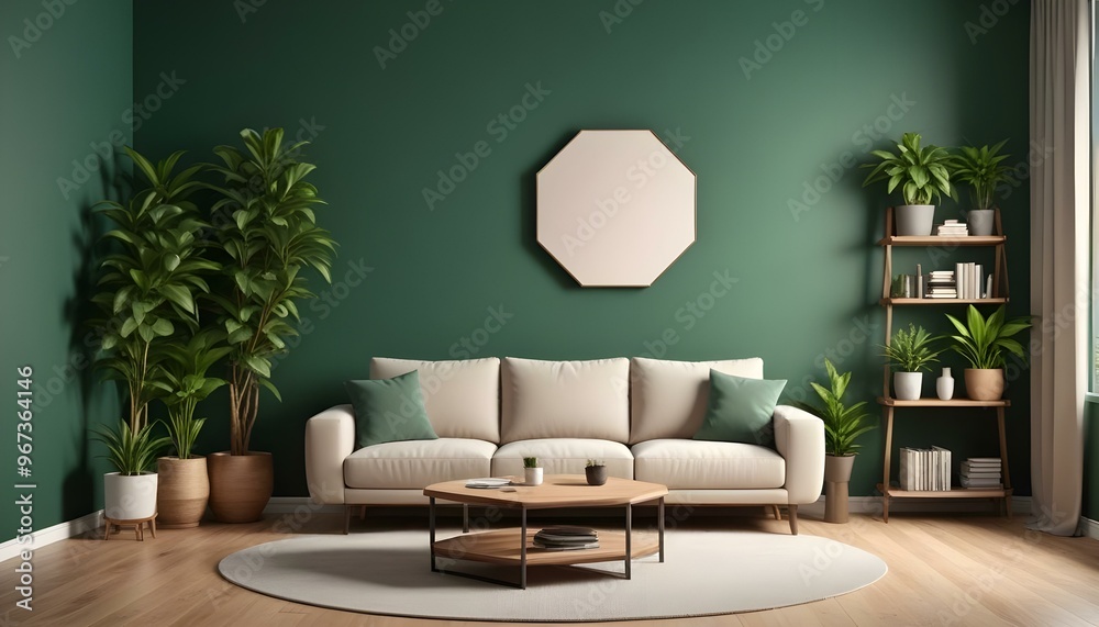 Photo modern style interior room 3d illustration Interior frame living room with colorful white sofa,led with blank frame