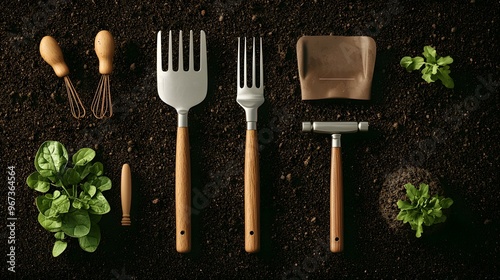 Discover the Essential Tools for Organic Gardening Arranged on a Rich Soil Background for Inspiration. Organic Concept photo