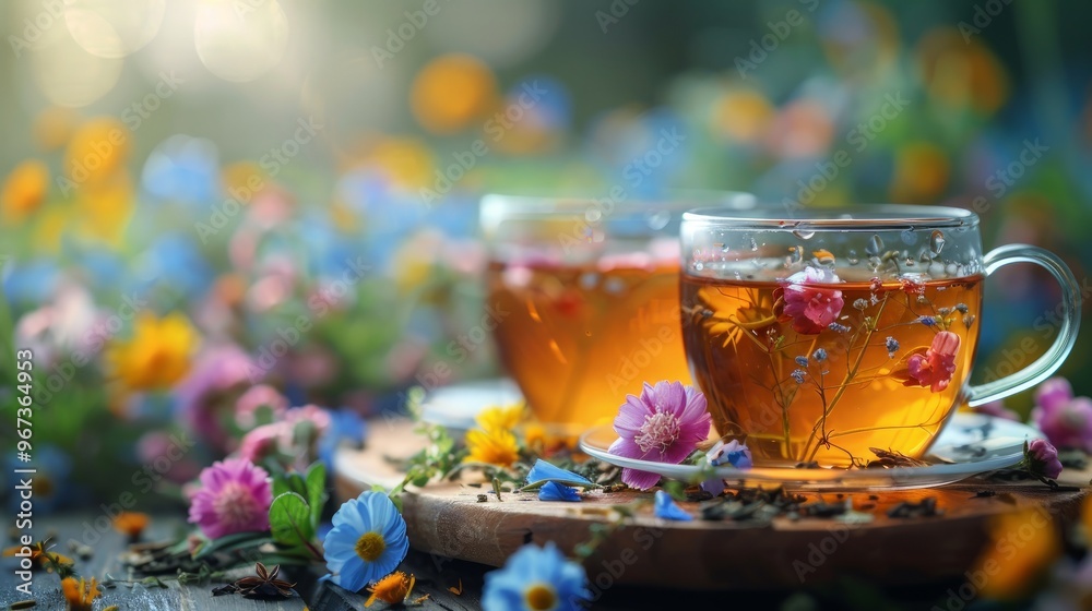 Herbal tea with medicinal herbs and flowers. Selective focus. Drink. Herbal tea with medicinal herbs and flowers. Selective focus. Drink.