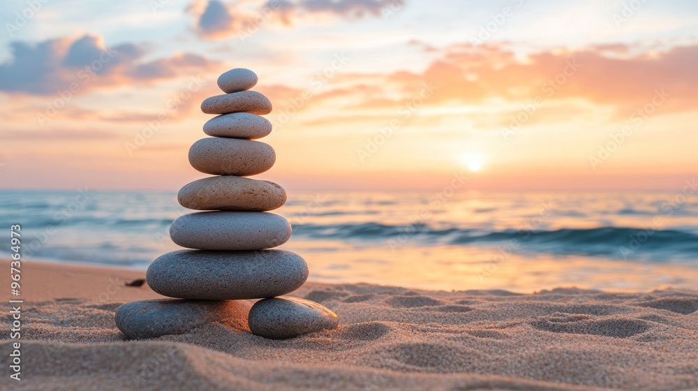 Zen Stones on Sandy Beach at Sunset Zen Stones on Sandy Beach at Sunset