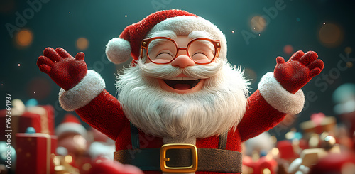 “3D Cartoon of Happy Santa Claus with His Hands Up in the Snow, Joyfully Celebrating Christmas Spirit, Featuring a Festive and Cheerful Holiday Scene”
