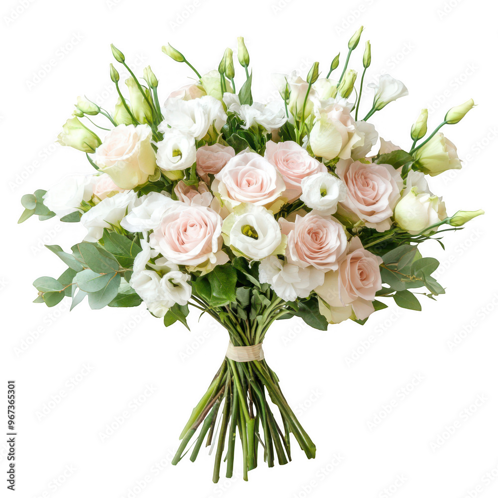 A beautiful bouquet of soft pink and white roses with greenery, perfect for gifting or decoration.