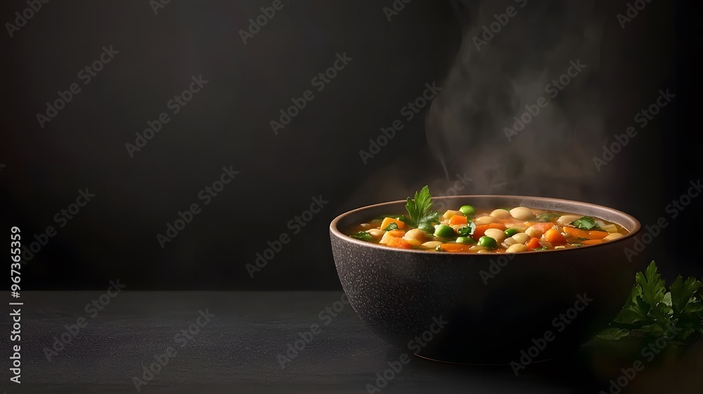 A Warm Embrace of Nature: Steaming Vegetable Soup in a Rustic Bowl Breathing Inviting Aromas. Organic Concept A Warm Embrace of Nature: Steaming Vegetable Soup in a Rustic Bowl Breathing Inviting Aromas. Organic Concept