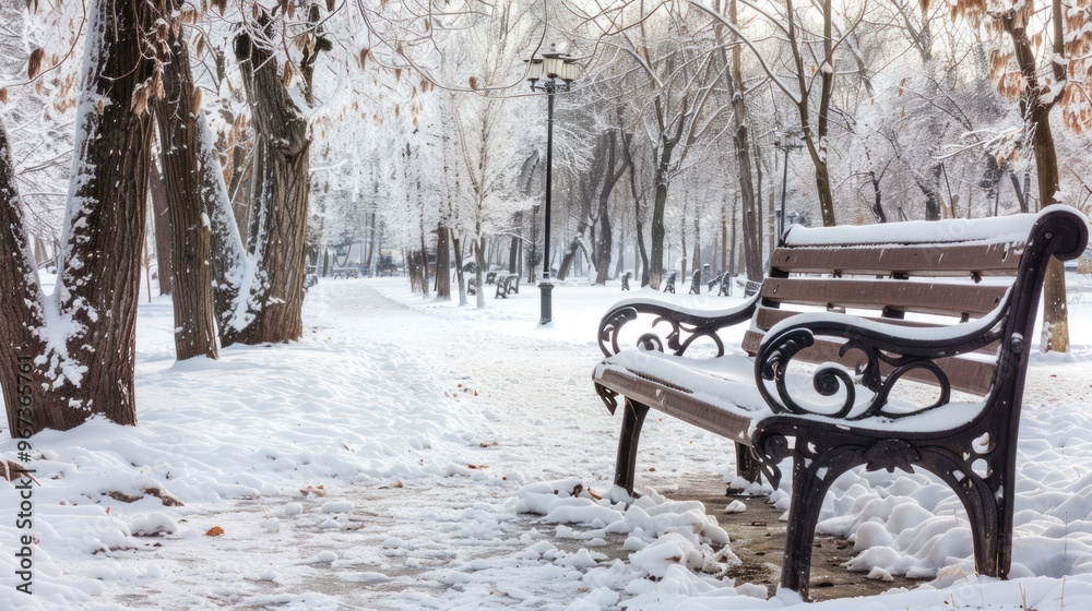 Winter snowy park alley bench in cold weather. Winter snowy park alley bench in cold weather.