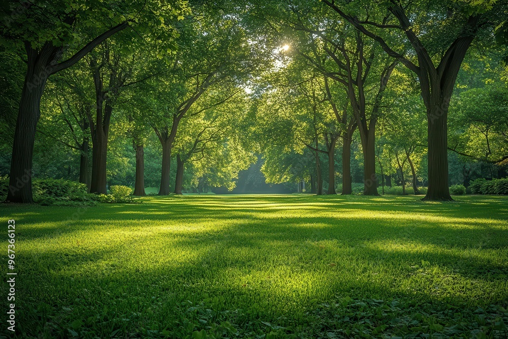 serene park landscape lush green lawns stretching under towering deciduous trees dappled sunlight filtering through leaves clear blue sky serene park landscape lush green lawns stretching under towering deciduous trees dappled sunlight filtering through leaves clear blue sky