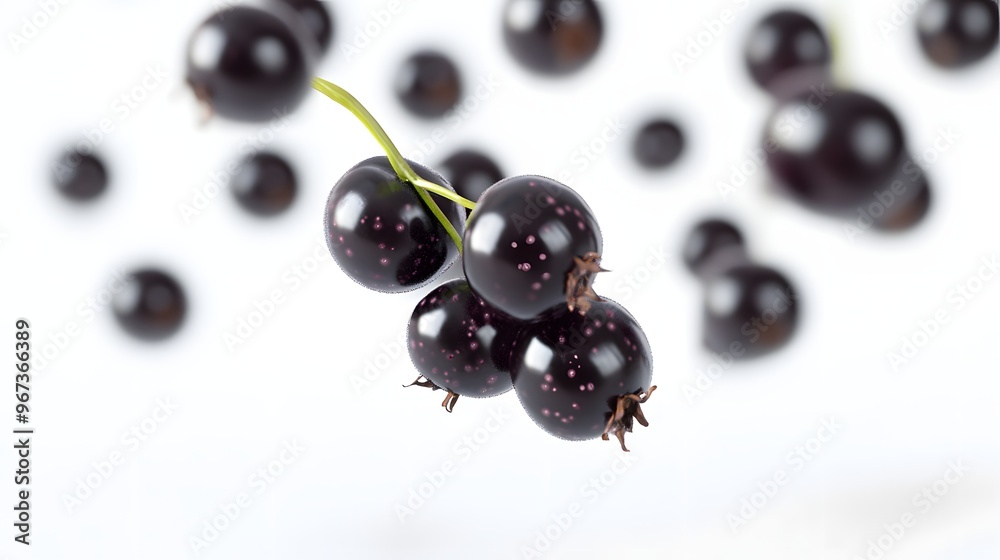 56. **A 3D render of a falling blackcurrant, its deep purple color and tiny texture detailed against a clean white background 56. **A 3D render of a falling blackcurrant, its deep purple color and tiny texture detailed against a clean white background