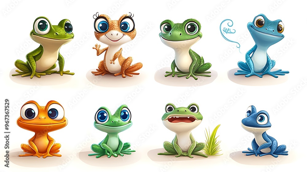 A whimsical assortment of cartoon frogs in dynamic jumping poses, perfect for pond and nature-themed designs. A whimsical assortment of cartoon frogs in dynamic jumping poses, perfect for pond and nature-themed designs.