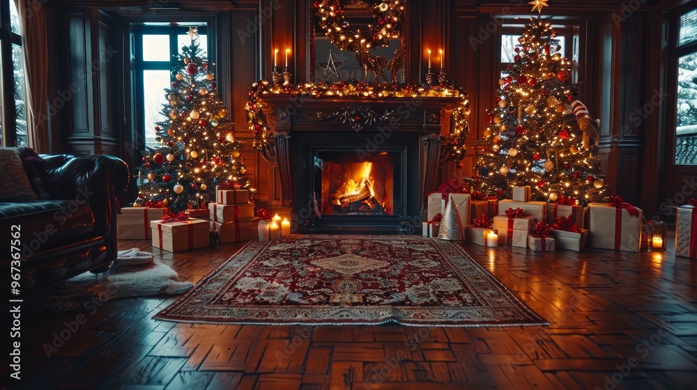 Obraz premium interior christmas. magic glowing tree, fireplace, gifts in dark at night