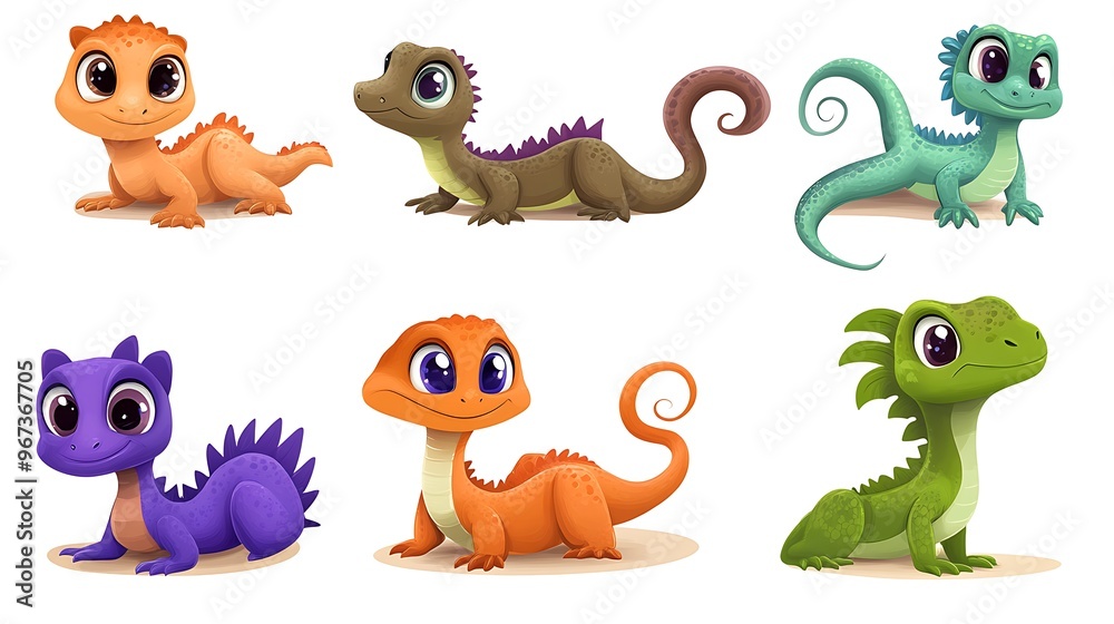 Obraz premium A whimsical assortment of cartoon lizards in dynamic climbing and resting poses, perfect for desert and reptile-themed illustrations.