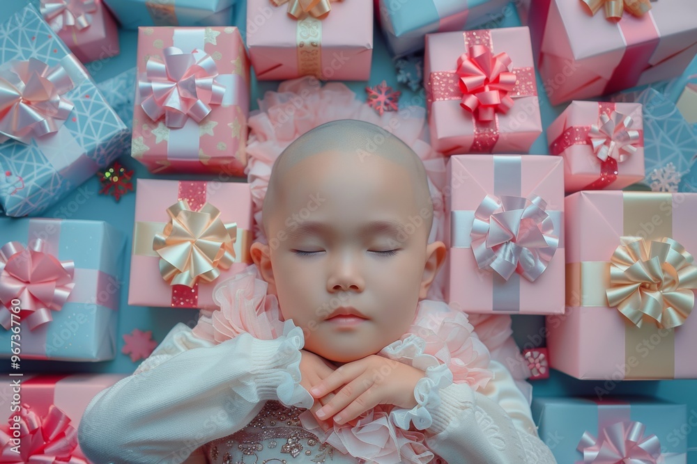 Fototapeta premium Bald kid bed surrounded aura of calm dreams serenely. Beautiful child sleeps soundly showcasing innocence and tranquility. Metaphor innocence and peace of childhood dreams.