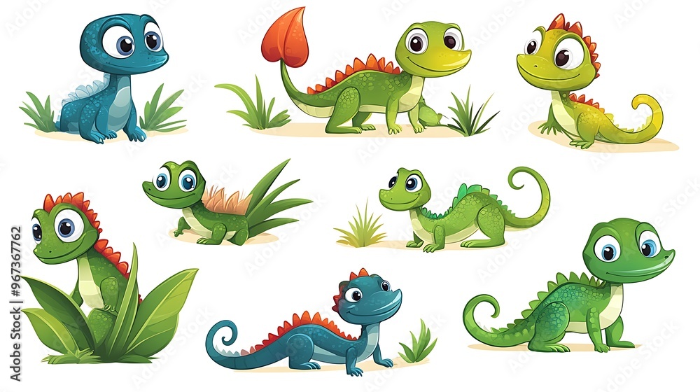 Naklejka premium A whimsical assortment of cartoon lizards in dynamic climbing and resting poses, perfect for desert and reptile-themed illustrations. 