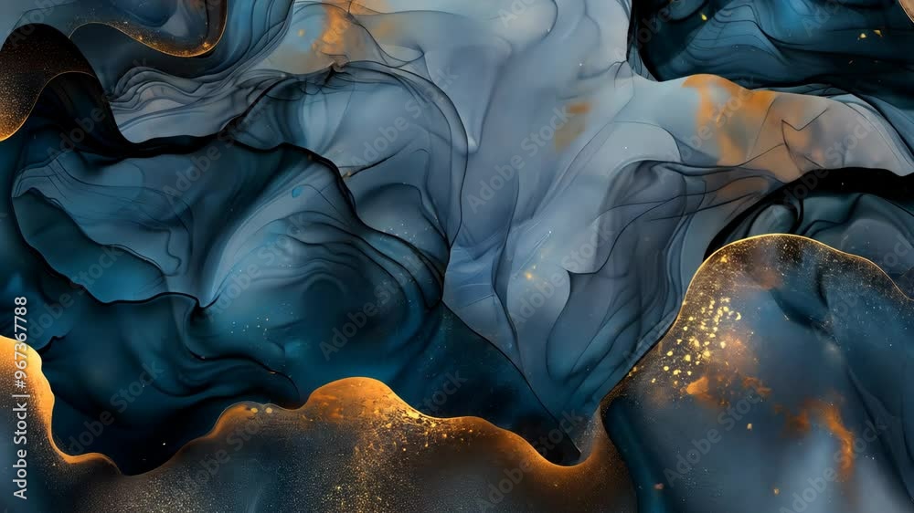 Abstract ink art in deep blue and gold tones showcasing fluid patterns and textures