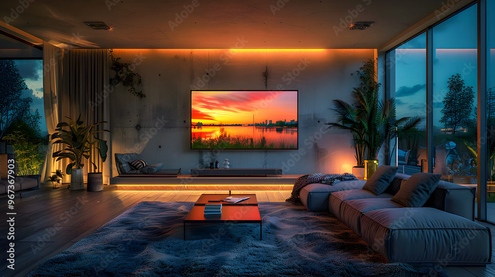 Modern living room interior with sofa and large tv screen on the wall, led strips making ambient light Modern living room interior with sofa and large tv screen on the wall, led strips making ambient light