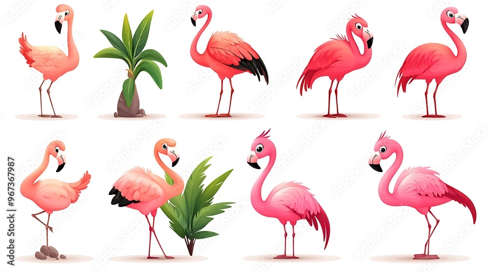 Obraz premium A whimsical collection of cartoon flamingos in vibrant standing poses, perfect for tropical and exotic-themed illustrations. 