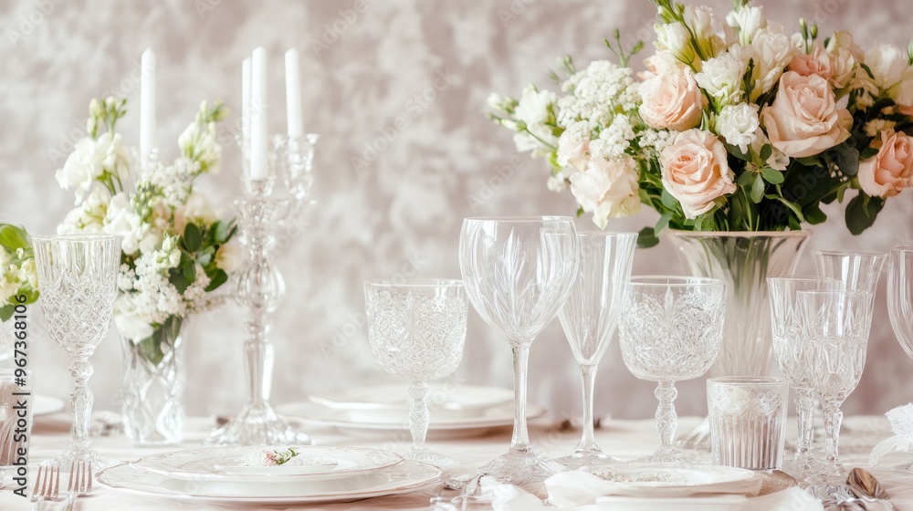 Elegant Table Setting with Flowers and Crystal Elegant Table Setting with Flowers and Crystal
