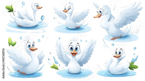 Fototapeta Naklejka Na Ścianę i Meble -  A whimsical collection of cartoon swans in elegant swimming and flying poses, ideal for lake and garden-themed designs. 