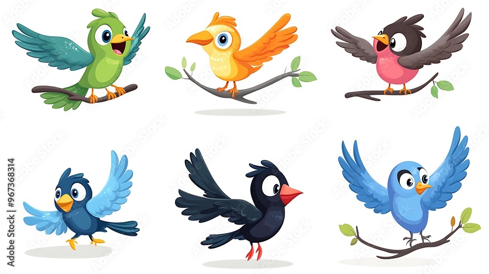 Obraz premium A whimsical set of cartoon birds in vibrant colors and fun flying positions, ideal for nature-themed designs. 