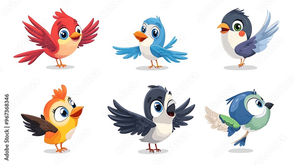 Fototapeta premium A whimsical set of cartoon birds in vibrant colors and fun flying positions, ideal for nature-themed designs. 