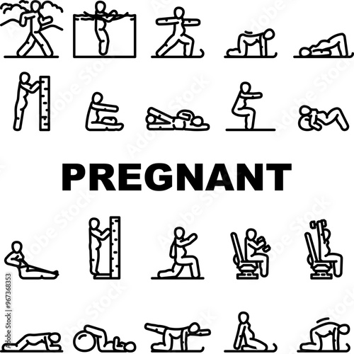 pregnant fitness prenatal yoga icons set vector. exercise strength, flexibility wellness, health balance stamina nutrition, breathing pregnant fitness prenatal yoga black contour illustrations