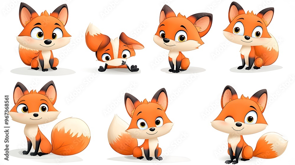 An adorable assortment of cartoon foxes in various playful poses, capturing their wild charm. Perfect for woodland-themed projects. 