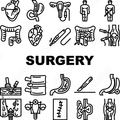 surgery medical operation icons set vector. procedure anesthesia, scalpel incision, sutures recovery, sterile surgeon, patient surgery medical operation black contour illustrations
