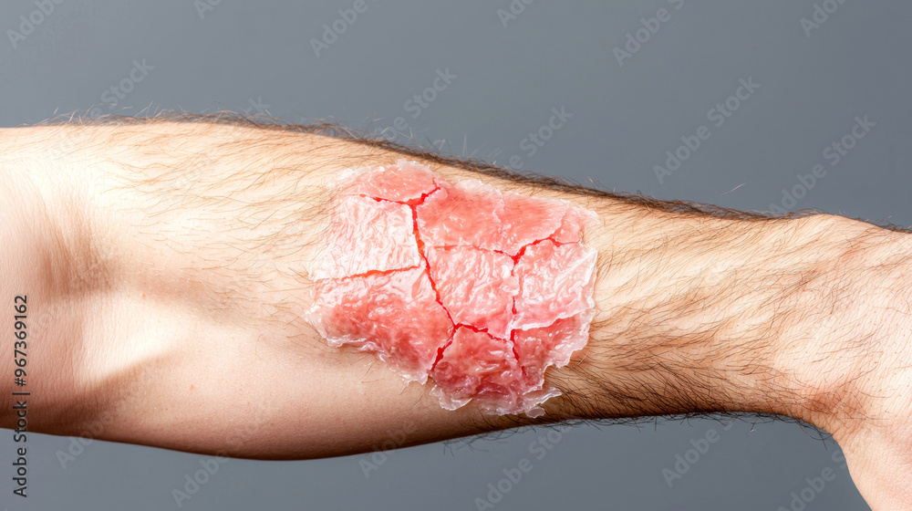Fototapeta premium Close up of a human arm with injuries showing cracked skin and redness. Concept of wounds, health, and recovery.