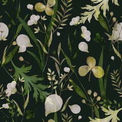 Crédence de cuisine Aquarelle ensemble 1 patrons Botany seamless watercolor pattern with grass and flowers on a dark background. Watercolor illustration for wrapping paper, textile and printing  © BloomPix