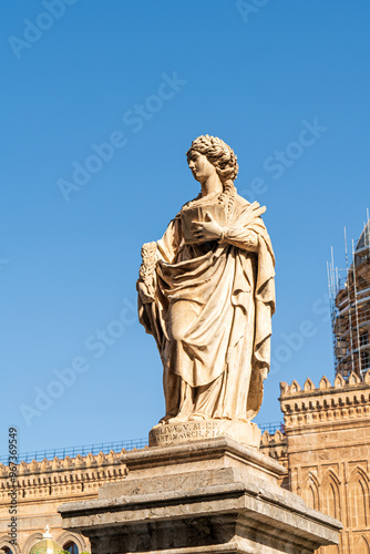 Palermo, Sicily, Italy. Statue of Sant'Oliva. Martin' Archip (1686) . Sunny summer day