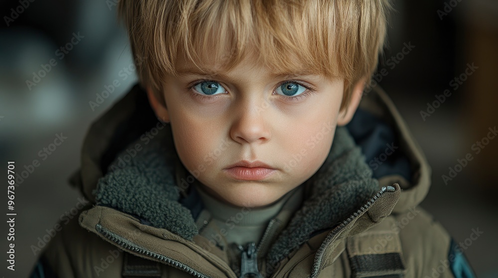 Young Boy with Serious Expression Looking Directly at Camera Young Boy with Serious Expression Looking Directly at Camera