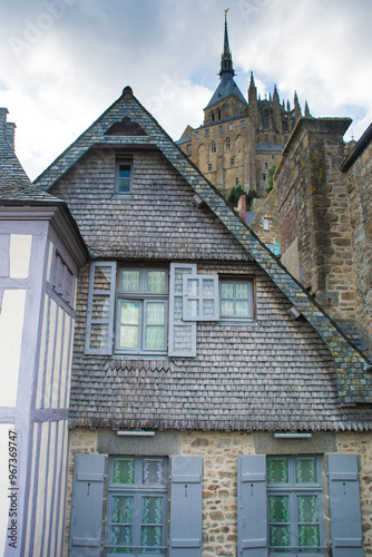 Old houses in the old town Mont Saint Michel in Normandy, France. UNESCO World Heritage Site. France