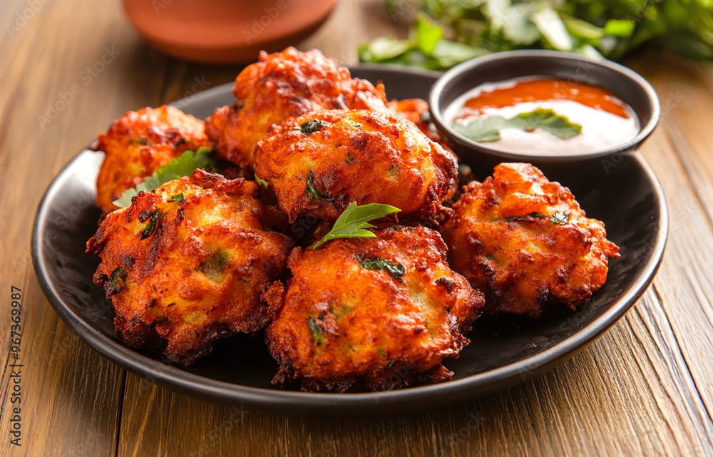 Indian snack - spicy and hot veg pakora with chutney. Indian snack - spicy and hot veg pakora with chutney.